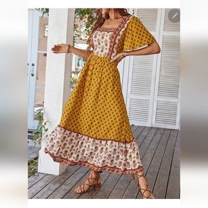 Womens Casual Boho Dresses Front Floral Print Squre Neck Swing Flowy Maxi Dress